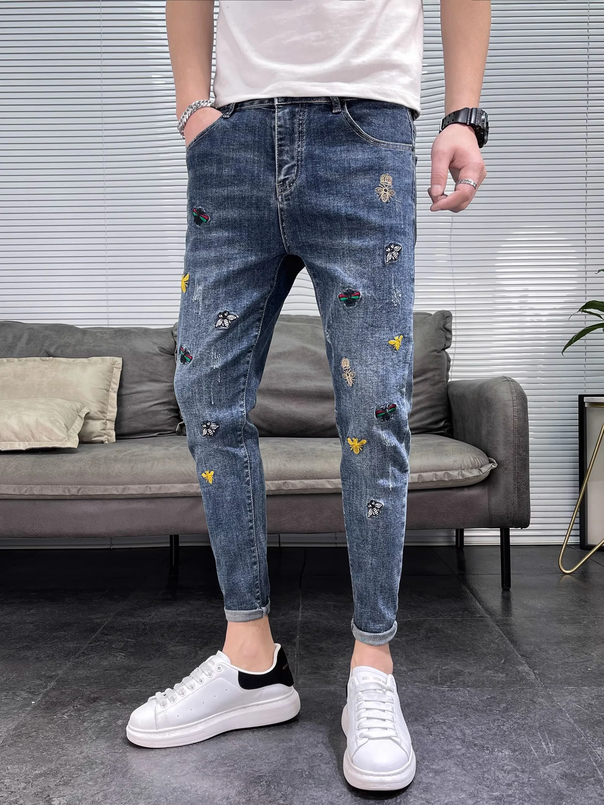 

Модные облегающие мужские джинсы с вышивкой High Street Sle, весна-осень, Новое поступление, универсальные длинные брюки, джинсовые брюки со средней талией