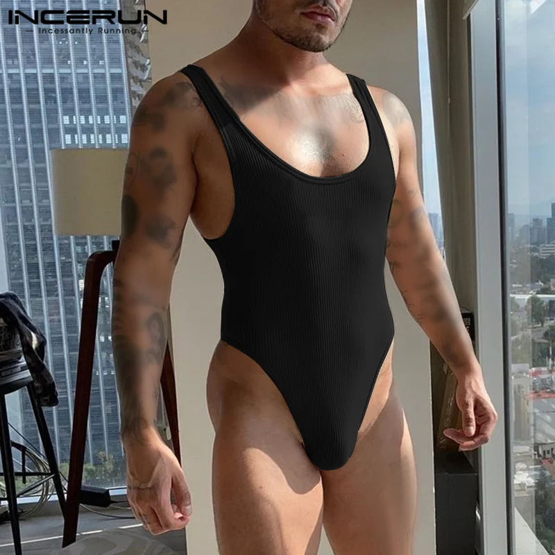 INCERUN Men Bodysuits Solid Color O-neck Sleeveless Sexy Pajamas Skinny 2023 Cozy Male Rompers Summer Underwear Bodysuit S-5XL