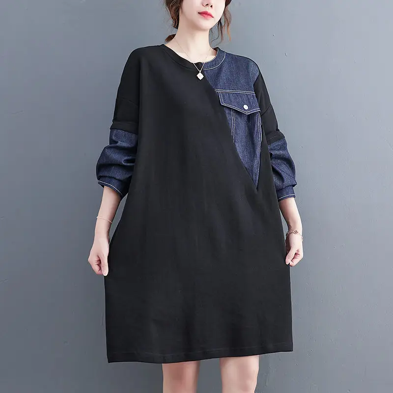 Tamanho grande design denim retalhos vestido para mulher 2023 primavera solto médio e longo camisa vestido casual roupas femininas z129