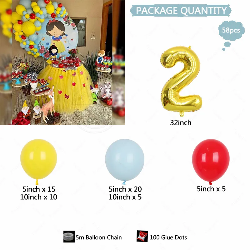 58PC Snow White Balloon Set Disney Red and Yellow 32Digital Wedding bambini Shower Birthday Party Decoration Photography puntelli