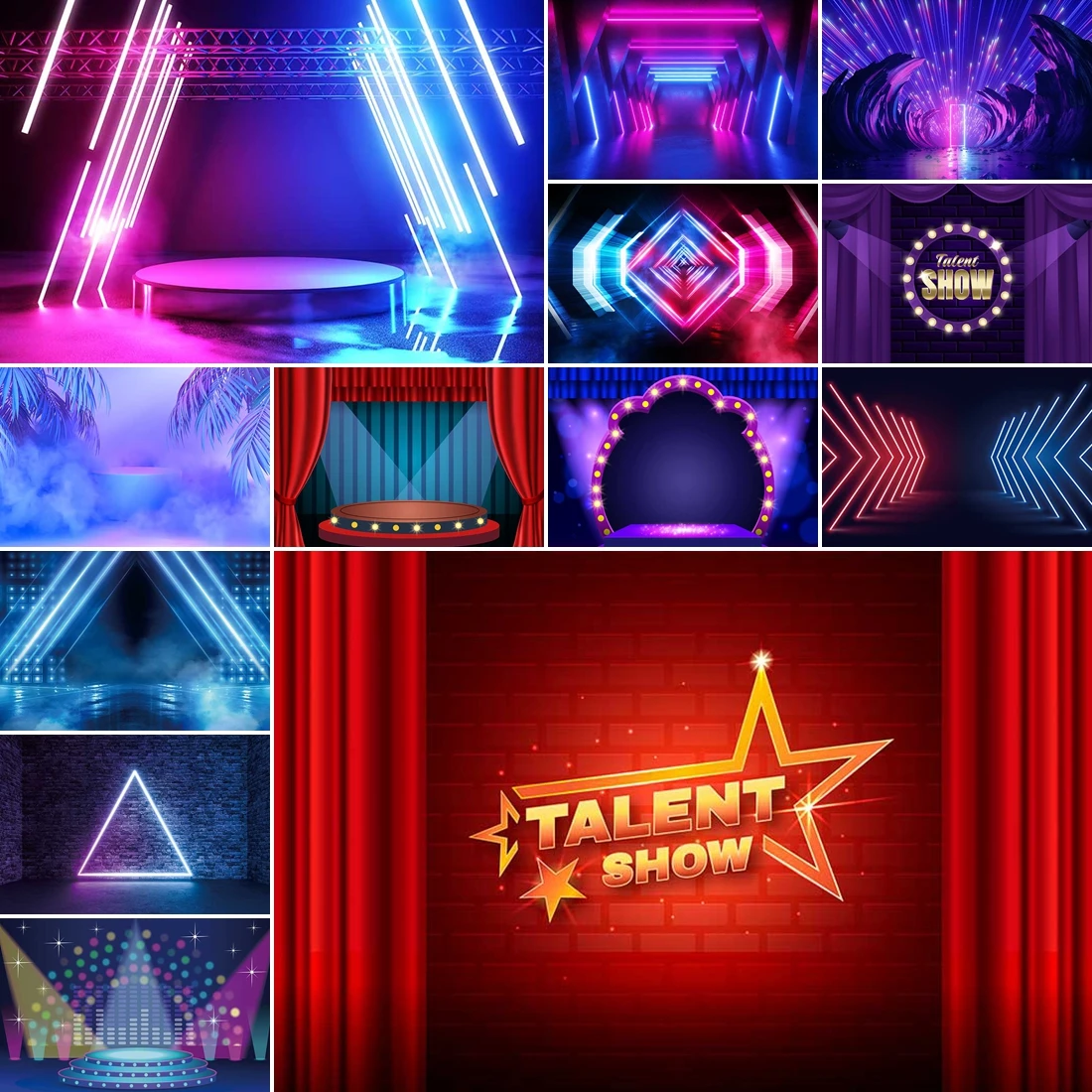 

MOON.QG Cool Talent Show Stage Backdrop Curtains Slanting Neon Lights Photo Background Photography Shooting Party Decorations