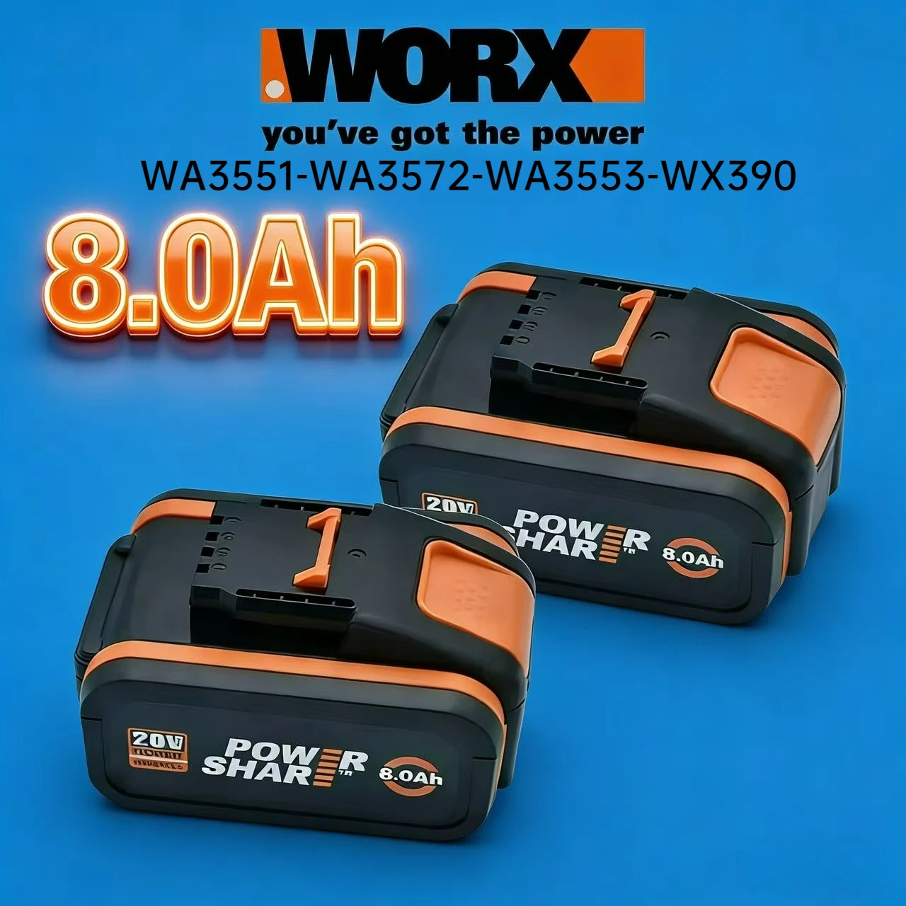 

Аккумулятор Worx 20V, 8.0Ah, для моделей WA3551, WA3553, WA3572, WA3641, WX390, WX176, WX178, для всех электрических и садовых инструментов WORX