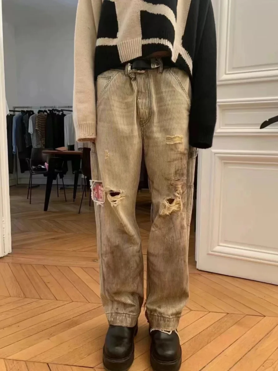 

ERD Youthful Casual Workwear Pants Weathered Distred Mud Dye Cartoon Patchwork American Sle Loggers Long Straight Leg Jeans