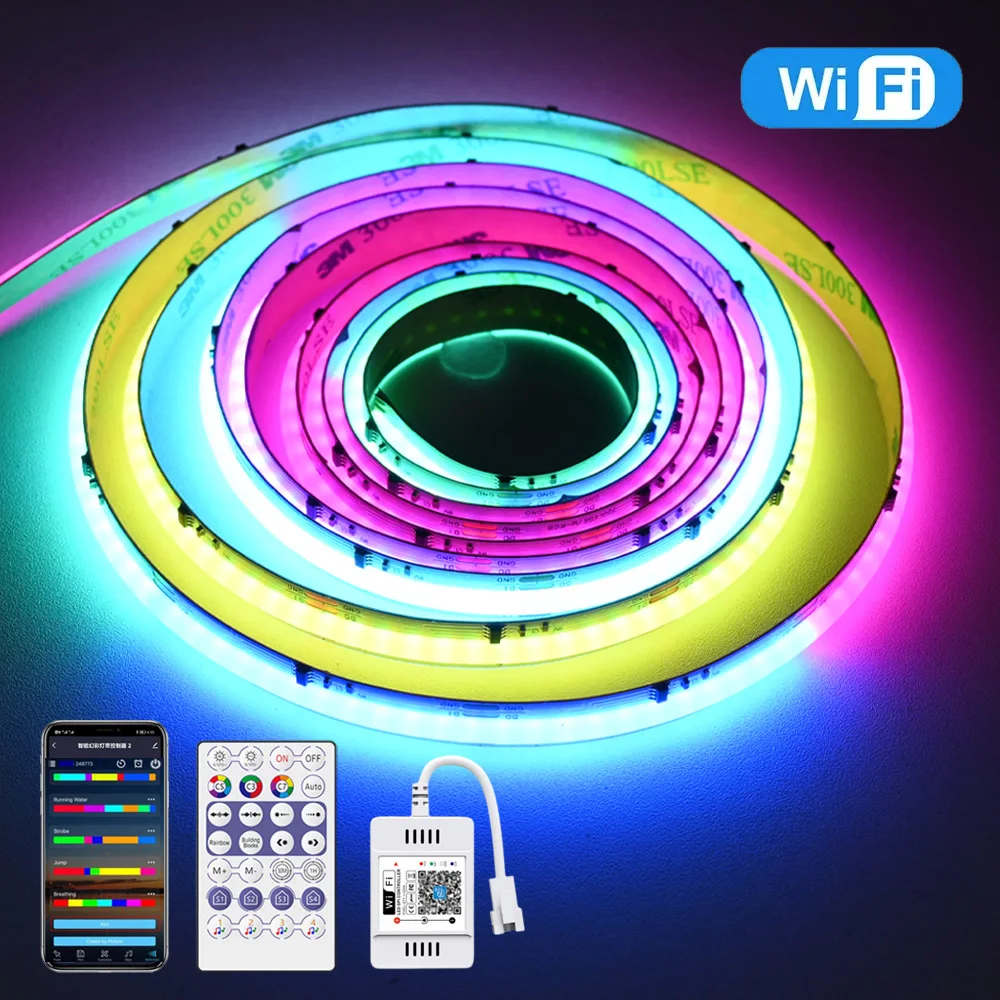 WiFi COB RGBIC LED Strip 12V 2m 3m 5m 10m WS2811 Dream Color Addressable Room Light Decor Remote Control fr Alexa Home Assistant