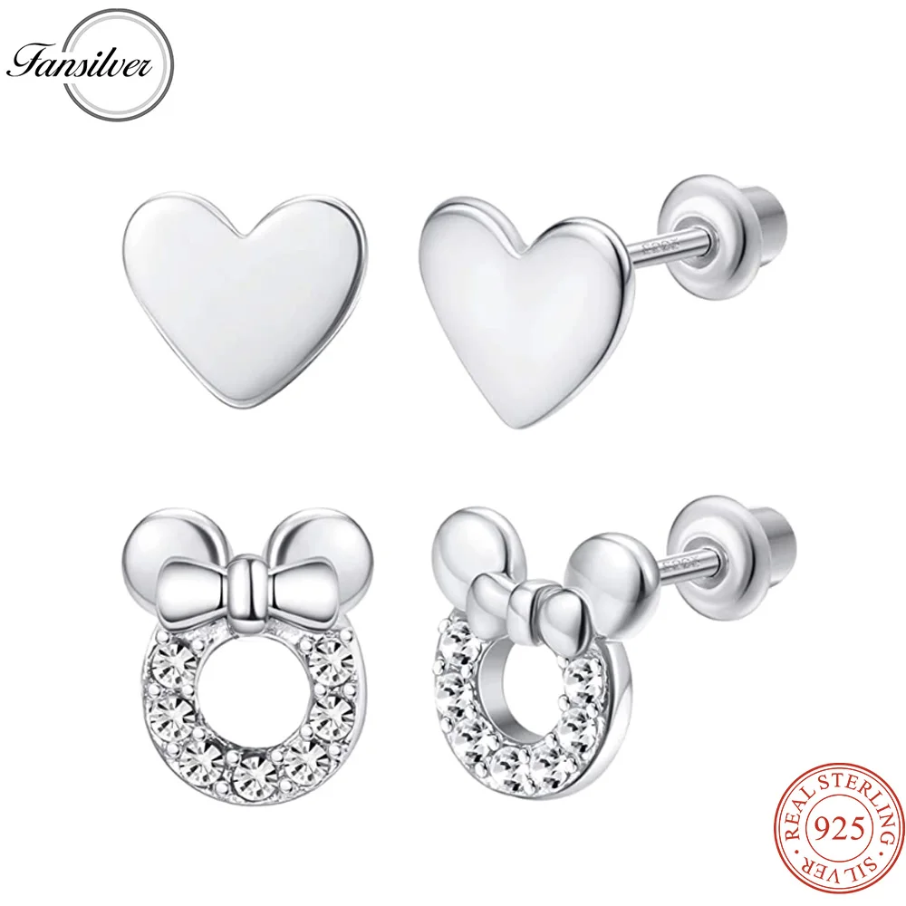 

Fansilver 2Pairs 925 Sterling Silver Mouse Cubic Zirconia Plain Heart Screwback Earrings for Women Cute Dainty Stud Earrings Set