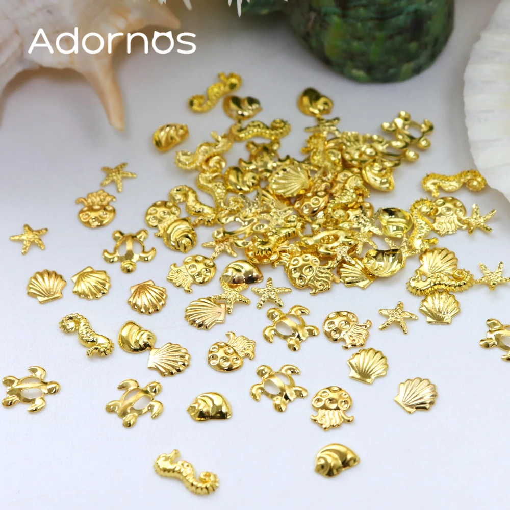 Gold Starfish Conch Nail Charms, Metal Rebites, Unhas Acessórios, Summer Ocean Style, Nail Art Supplies, Decorações, 300 pcs por caixa