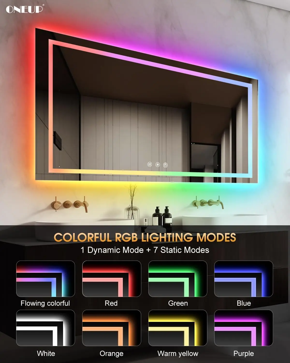 60x40 Inch LED Bathroom Mirror RGB Color Changing Bathroom Mirror with Lights,Anti-Fog Wall-Mounted Vanity Mirrors Smart