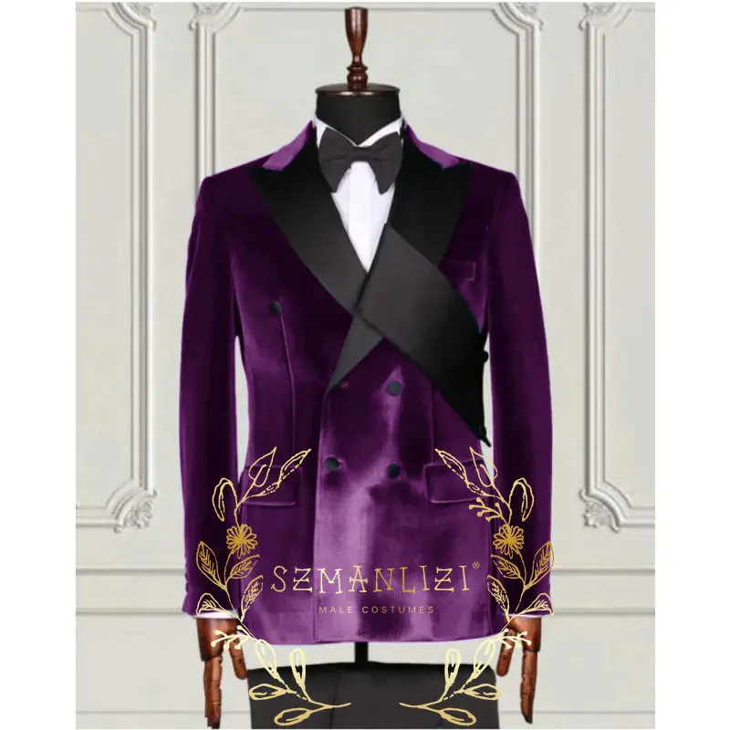 2 Pcs Suits Set Navy Blue Velvet Double Breasted Blazers Pants 2024 Fashion Men Wedding Party Slim Dress Formal Groom Tuxedos