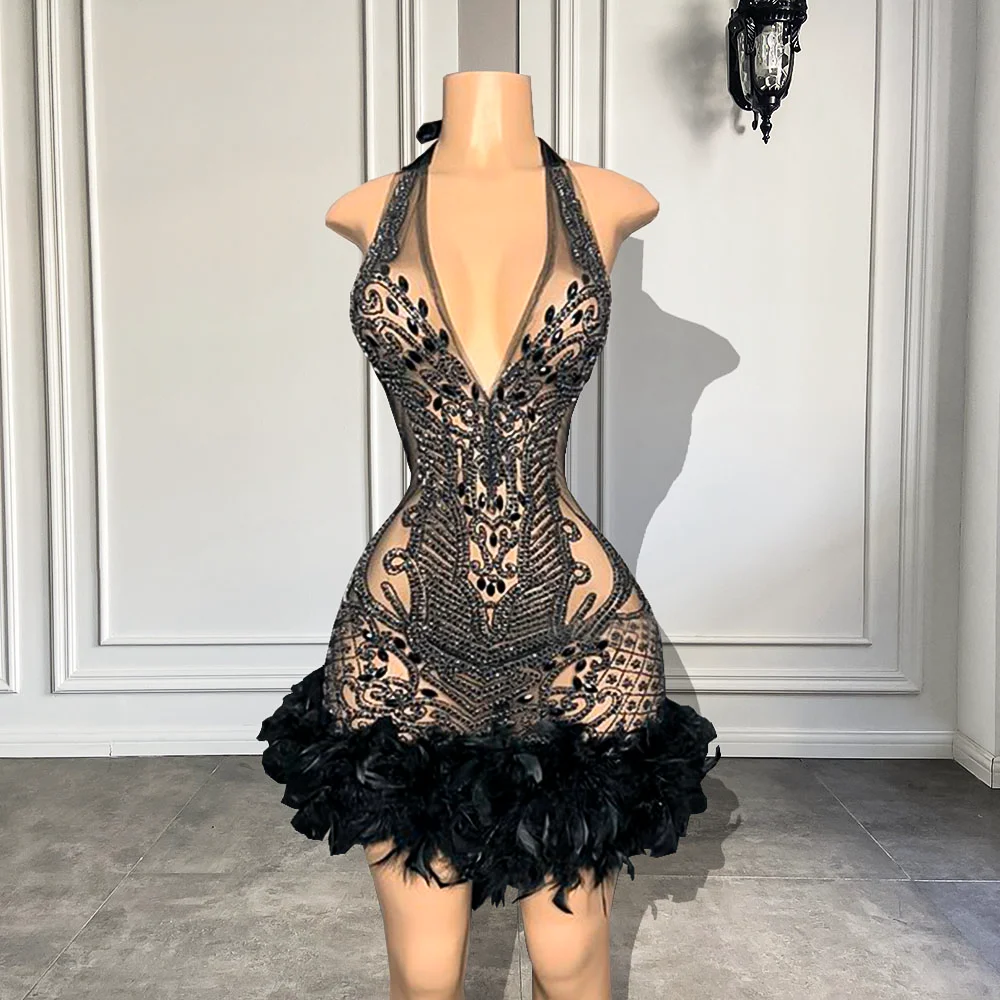 

Luxury Beaded Diamond See Through V-neck Sexy Feather African Women Black Short Prom Dresses 2024 For Birthday Party