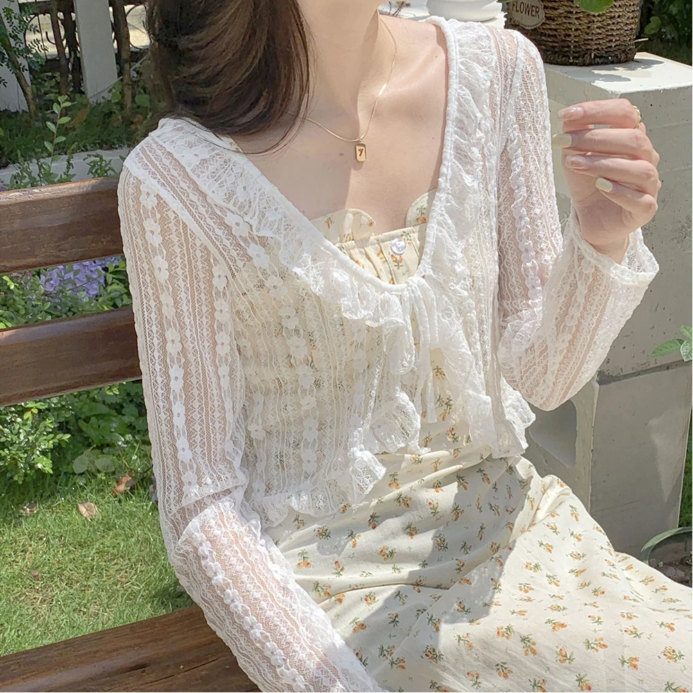 Vintage White Tie Up Summer Cardigan Women Sexy Long Sleeve Sheer Mesh Crop Tops Woman Chic Short Printed Tops All Match Mujer