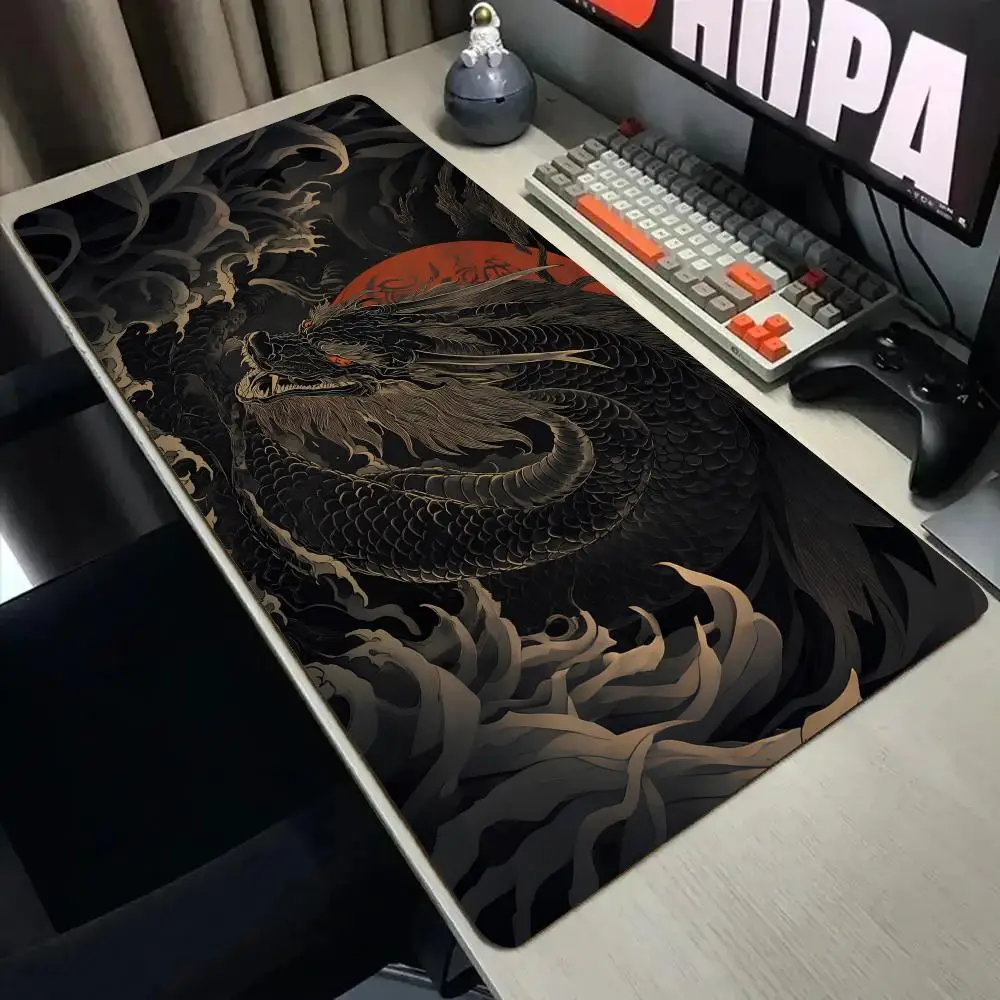 

Коврик для мыши «Таинственный черный дракон» с прошитыми краями, нескользящий игровой коврик, аксессуары для ПК, коврик для клавиатуры, коврик для мыши