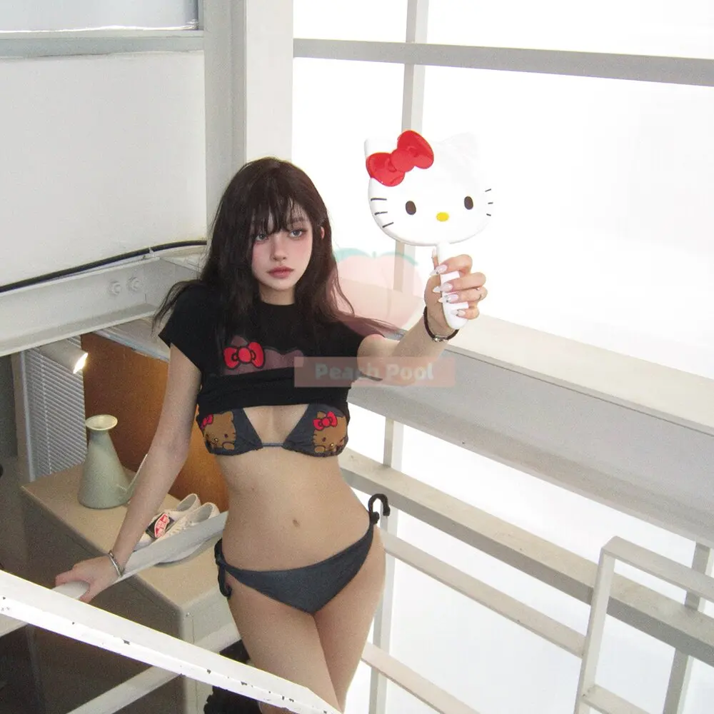 

3Pcs Anime Sanrio Hello Kitty Y2K Girls Bikini Set Sale Cute Japanese Style Swimsuit Soft Cartoon Print Student Holiday Gift Ins