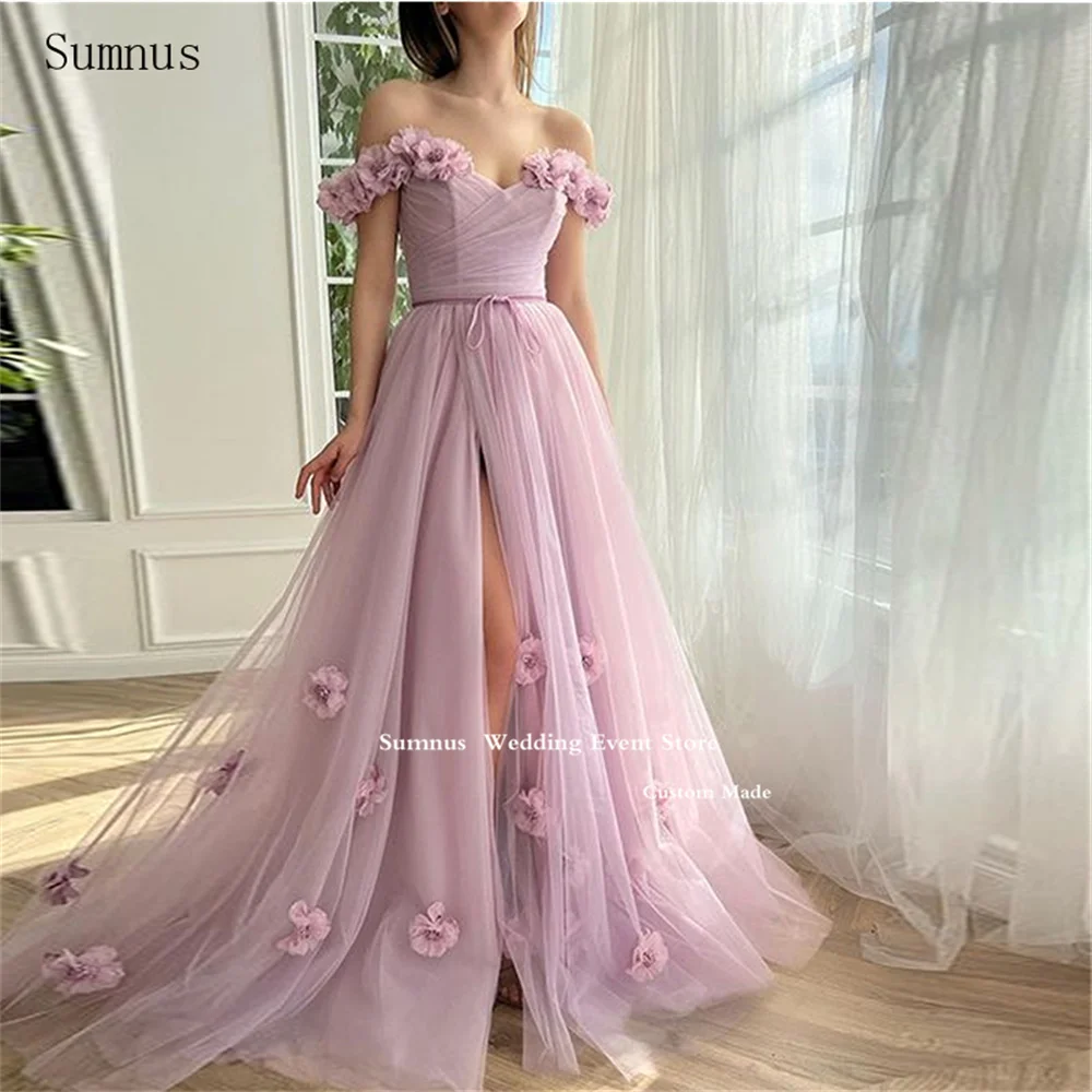 

Eightree Graceful Prom Dresses A Line Off the Shoulder Tulle 3D Flowers High Side Slit Formal Evening Dresses Robes De Soirée