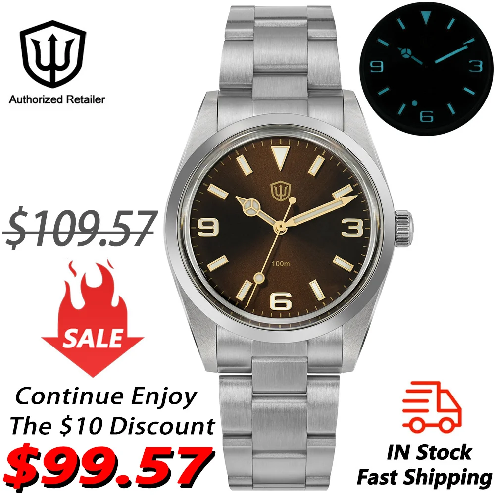 Watchdives WD1016 V2 Watch VH31 Quartz Movemet 100m Waterproof Stainless Steel Slim Case BGW9 Luminous 37mm Vintage Watches