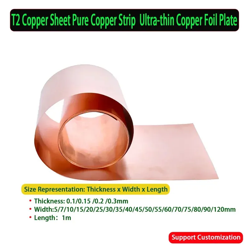 

1M T2 Pure Copper Sheet Strip 0.1-0.3mm Thick Ultra Thin Foil For Grounding Heat Sink 5-120mm Wide