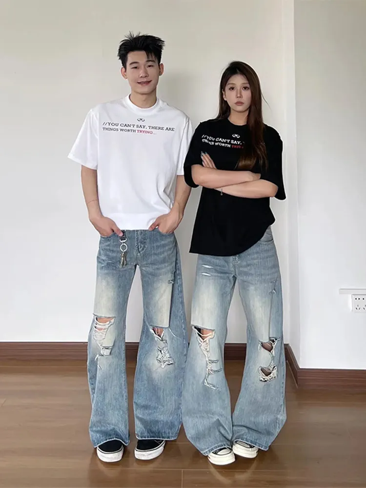 American Style High Street Loose Fit Thin Denim Jeans Women Summer Small Size Pants Wide Leg Long Trousers Tear Detail - view 4