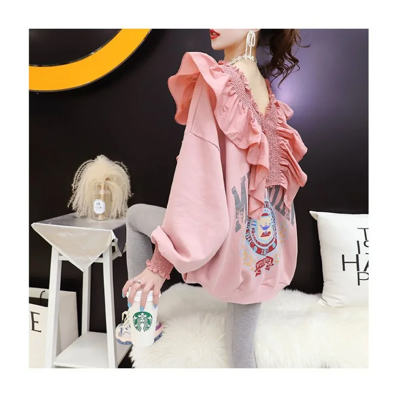 

Autumn Wear Design V-neck Letter Printing Long-sleeved Sweater Women's Versatile Loose Super Fire Jacket Simple Casual Exquisite