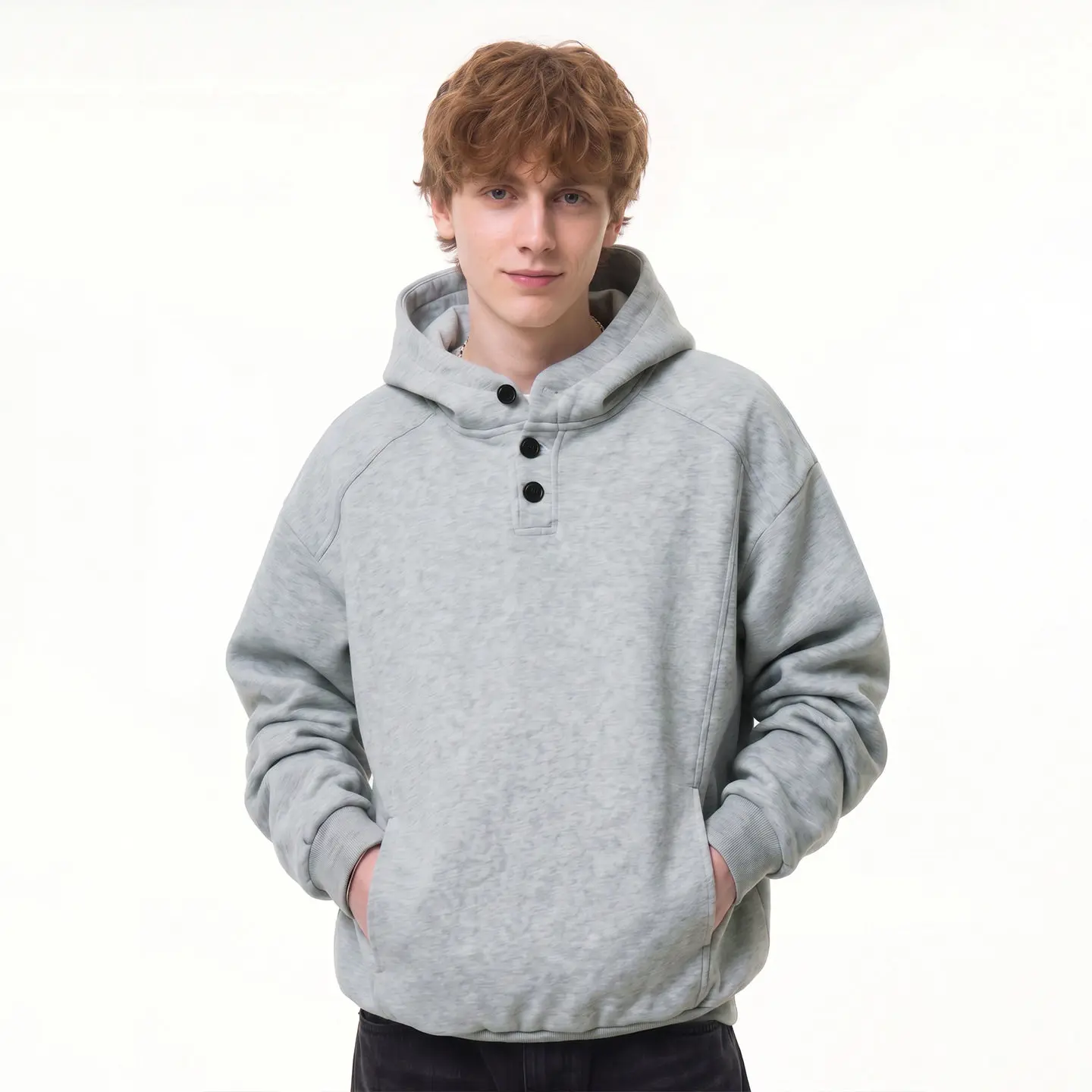 Unisex Oversized Hooded Sweatshirt with Half-Button Placket – Loose Fit, Solid Color, Streetwear Style for Men & Women