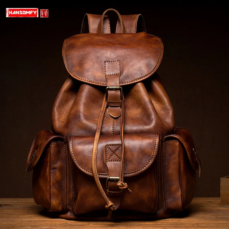 Luxury Vegetable Tanned Leather Backpack Men's First Layer Cowhide Computer Bag Casual Travel Backpacks