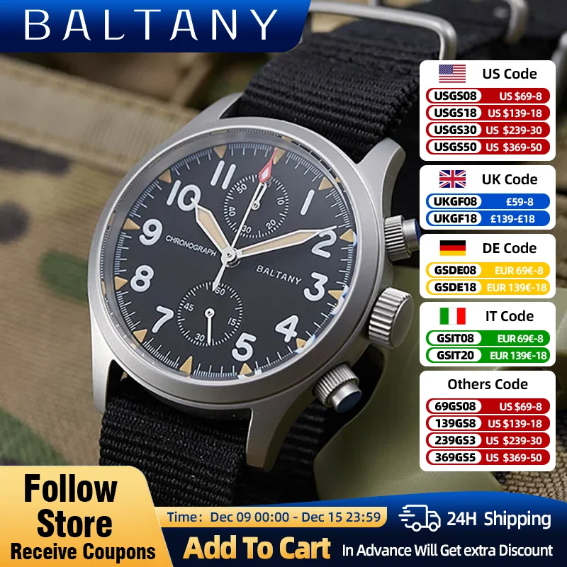 Baltany Chronograph Military Watch 39mm VK61 Stainless Steel 10ATM Retro Luminous Sapphire Crystal Multifunction Quartz Watches