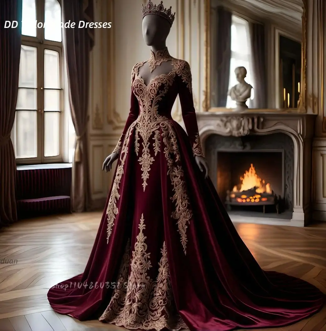 burgundy and gold dress for wedding Medieval Velvet With Lace Appliques Long Sleeves High Collar Bride Reception Gowns Customized sub2:d3d5b2e9cc26e07d9bf4ebfbab15fda4