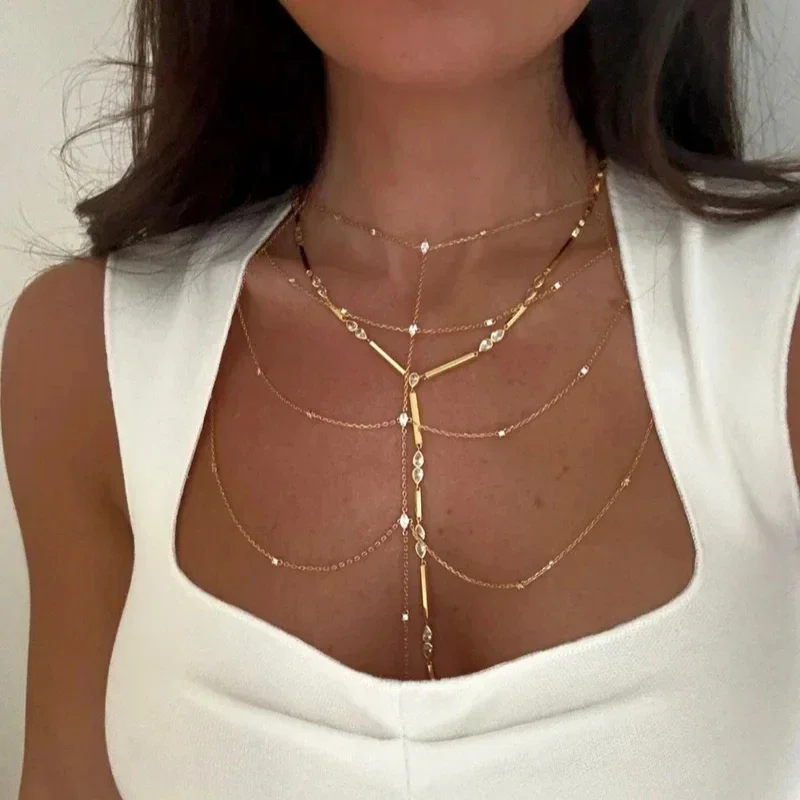 Fashion Special Water Drop Bling Oval CZ Choker Necklace Gold Color Lariat Long Bar Tear Drop Y Shape Long Tassel Women Jewelry