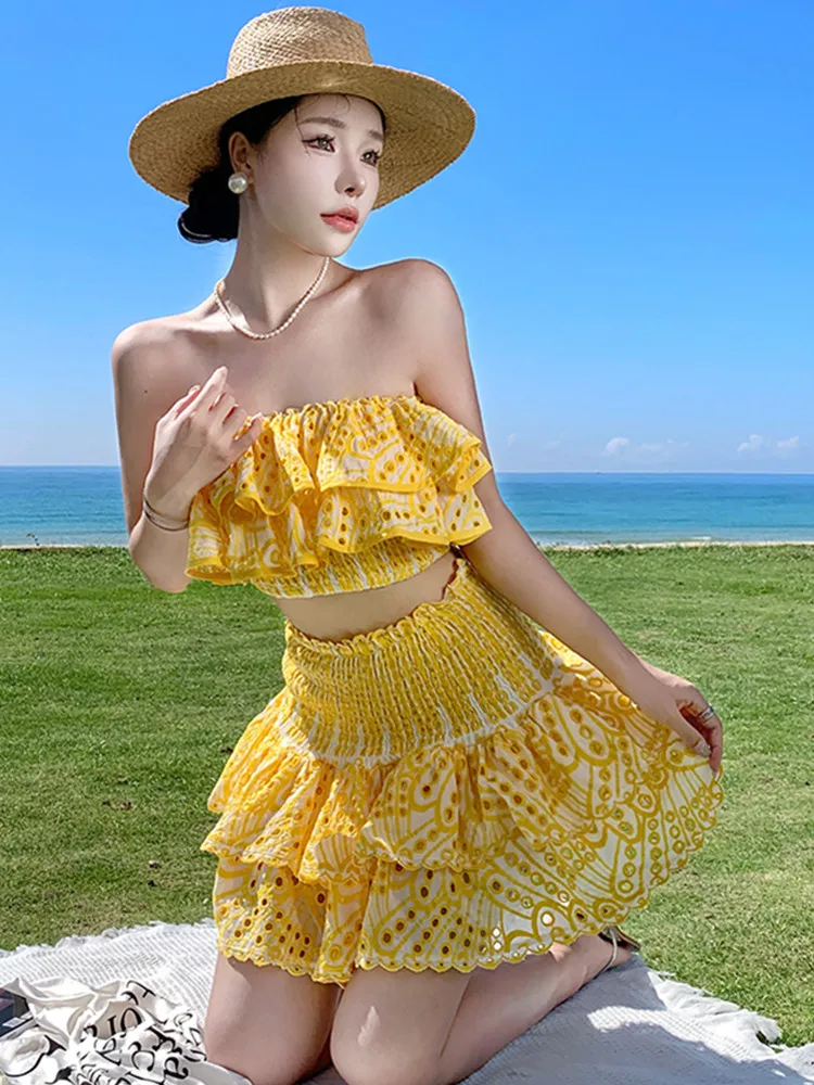 Embroidery Print Two Piece Sets For Women Slash Neck Short Sleeve Tops High Waist Skirts Summer Set Female Fashion New 2024