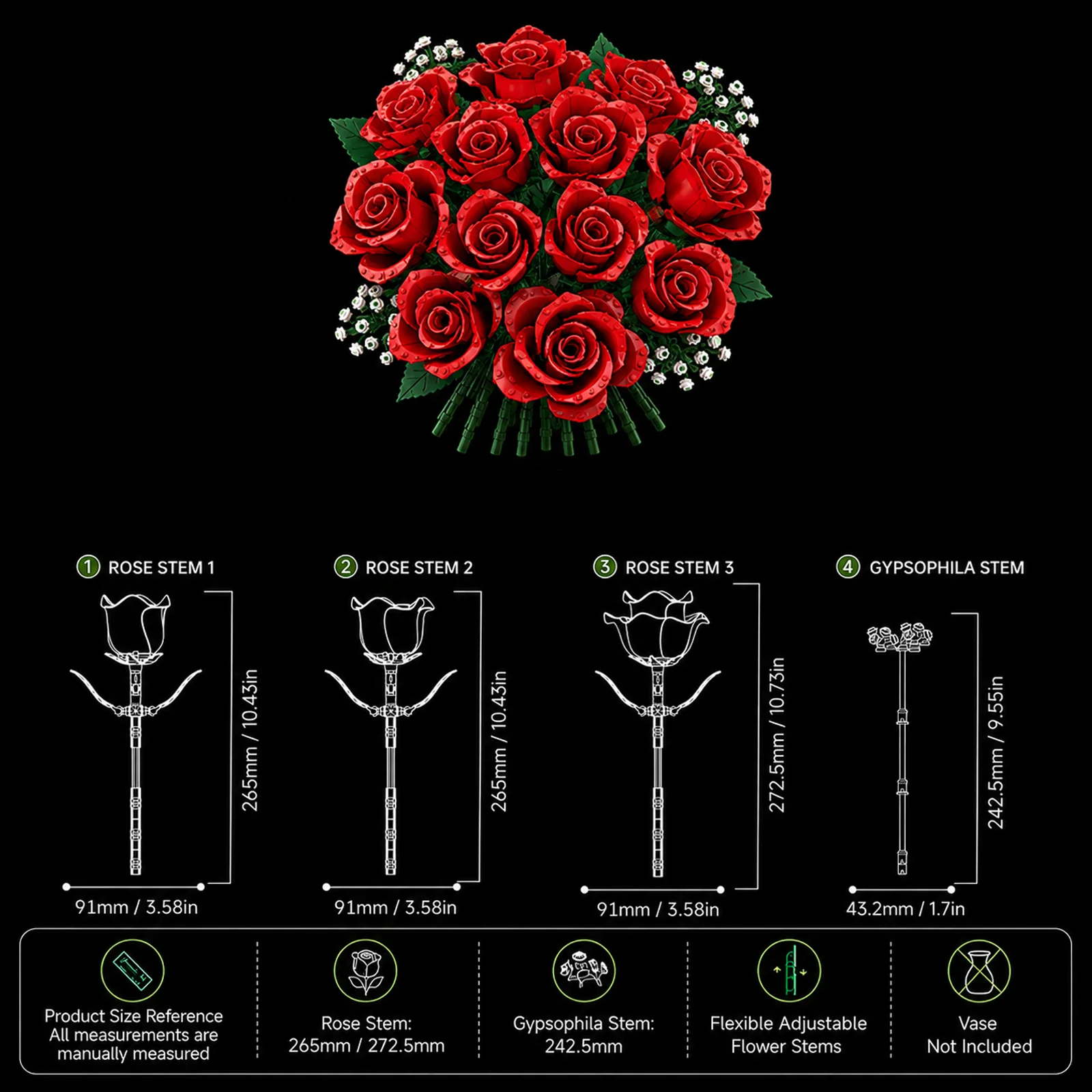 Red Rose Bouquet Building Blocks 471Pcs Artificial Flower Adjustable Stem Home Decor Valentine Gift PL-6027