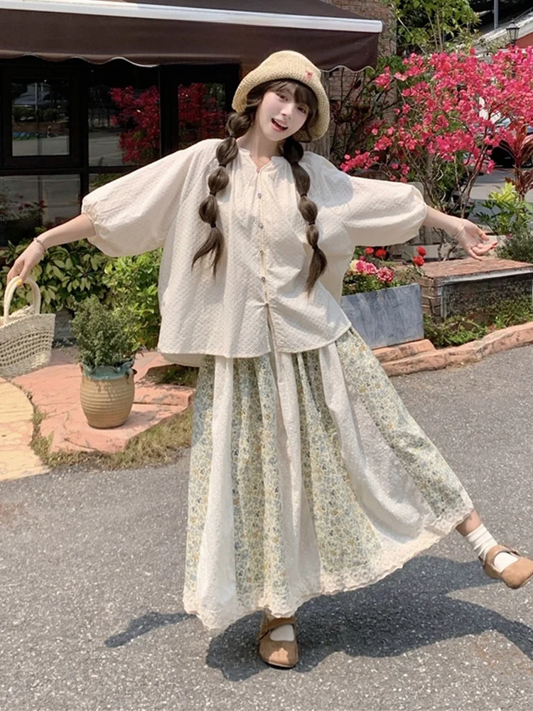 

Летний комплект из юбки больших размеров, однотонный кружевной комплект с цветочным принтом и высокой талией, средней длины, Bubble Sve, корейский наряд