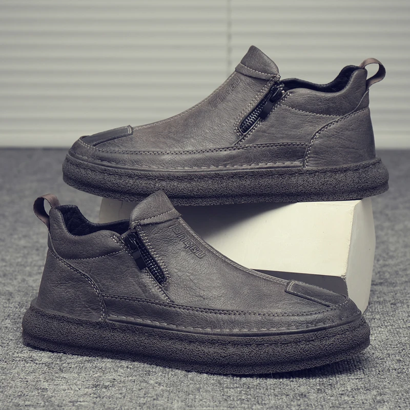 

Men's Leather Casual Shoes Low-cut Soft-soled Business Style Four-season Walking Large-sized Fleece Flat Shoes for Autumn Winter