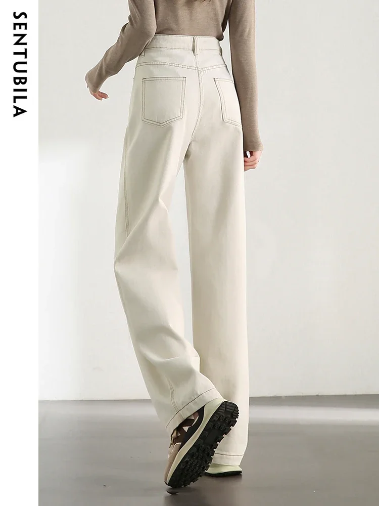 SENTUBILA 100% Cotton Jeans for Women 2026 Spring Fashion High Waist Wide Leg Long Denim Pant Straight Trousers Female W33N50870