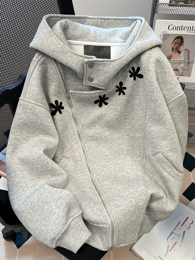 

Корейская толстовка оверсайз на флисовой подкладке с молнией, женская осенне-зимняя свободная парная толстовка с длинным рукавом