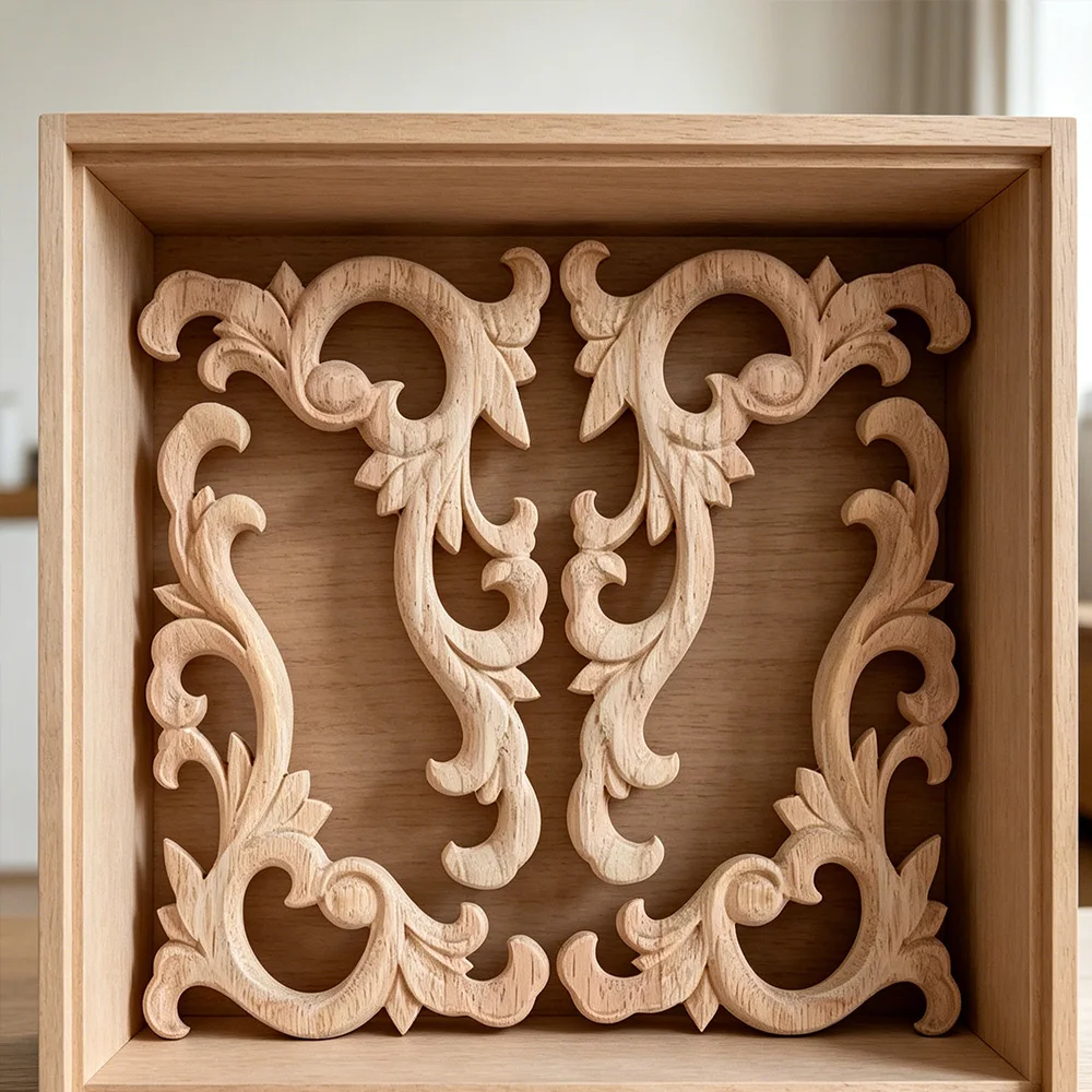 4PCS Wood Applique Mouldings Wooden Decal Onlay Carved Decor Wooden Statues Home Decoration Window Decoration Corner Sculptures
