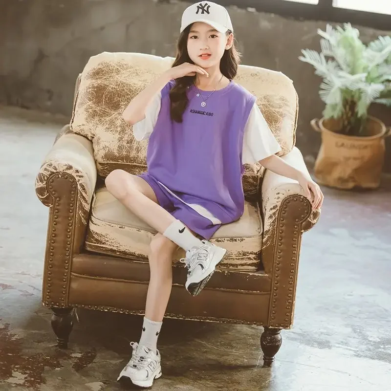 Children's Clothing Set Summer Girl Short Sleeved + Shorts Suit Leisure Tracksuit for Kids Girls Clothes 5 6 8 9 10 12 Years Old image 3