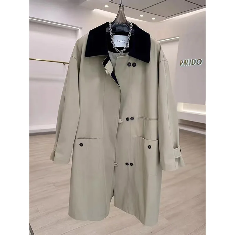 

Autumn Trench Coat Women 2024 New Korean Mid length Splicing Contrasting Colors All-Match Casual Loose Windbreaker Female Tops