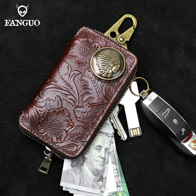 

Genuine Leather Card Slot Key Holder Case, Zipper Keys Organizer Wallet, 6 Housekeeper Keys With Car Smart Key Chain Bag