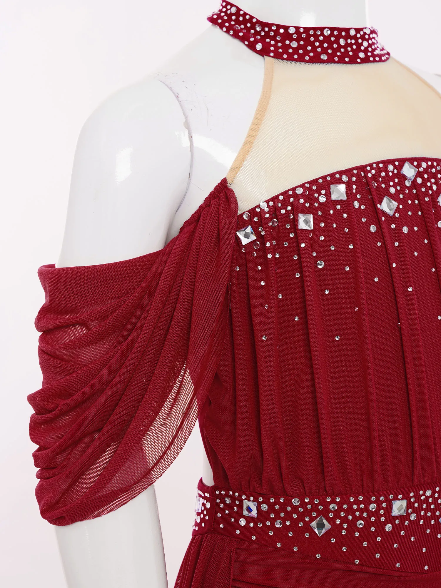 Sukienka baletowa dla dziewczynki, do tańca lirycznego i współczesnego, z odkrytymi plecami, błyszcząca, z dżetami, z siateczki, na łyżwiarstwo, do występów scenicznych.