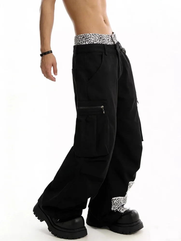 2026 Cyber Y2K Streetwear Leopard Patchwork Black Baggy Cargo Jeans Pants For Men Clothing Straight Multi Pockets Long Trousers
