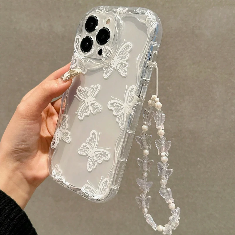 Borboleta impressa design alça de mão transparente caso telefone para xiaomi poco x7 x6 x5 f5 f6 f7 pro 5g x3 f3 m6 claro pára-choques capa