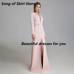 Customized Long Sleeves Evening Dresses Pink A-line V-neck Prom Dress Exquisite Jersey Applique Tassel Formal Party Dresses 2026