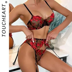 Toucheart Sexy Lingerie Mesh Embroidery Printing Patchwork Micro Perspective Girdle Garters Underwear Set Women Sexy Underwear