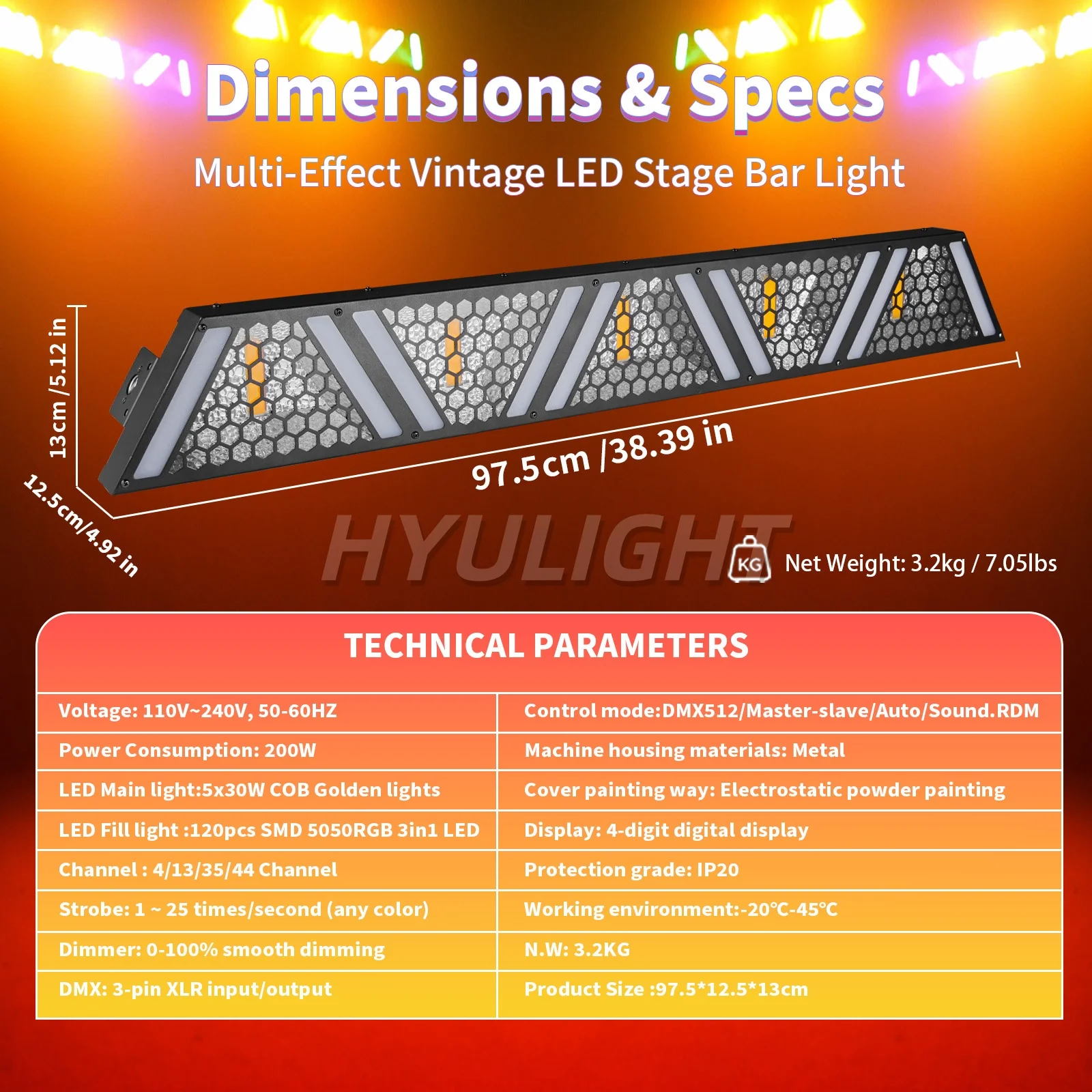 200W 5 Eyes LED Retro Pixel Matrix Lights RGB with Golden Light Stage Background Ambient Light DMX Control DJ Disco Wedding Club