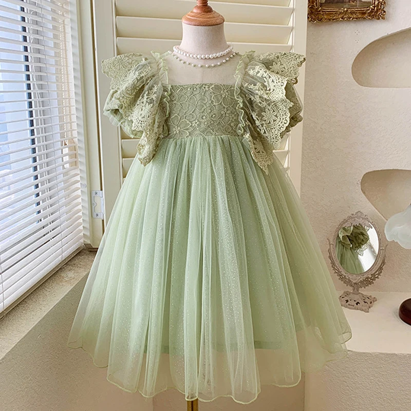 2-10Y Summer Girls Dress Lace Flower Binding Pearl Embellishments Puff Sleeve Princess Dresses For Girl Kids Party Mesh Clothes