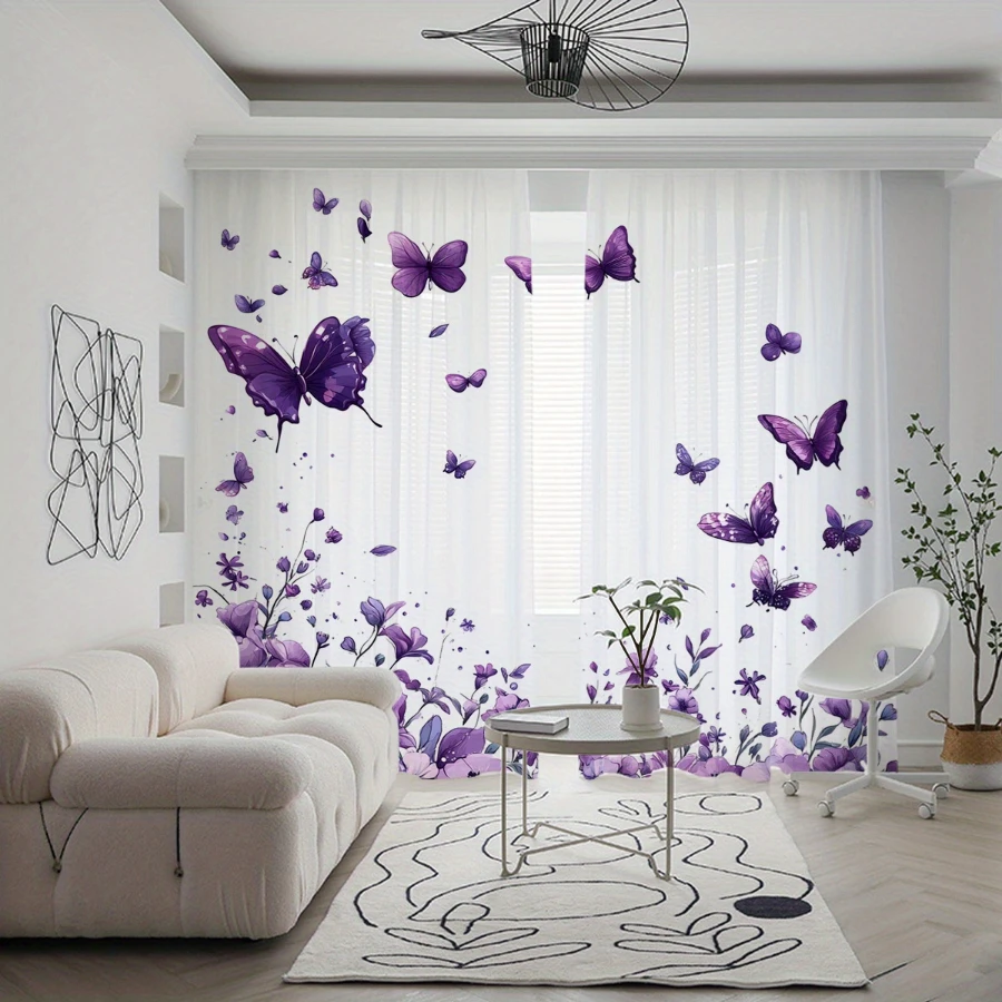 2PCS Digital Print Sheer Curtain, Purple Mist Butterflies Flying Pattern, Mysterious Dreamy Ethereal Fairy Tale Fantasy Decor
