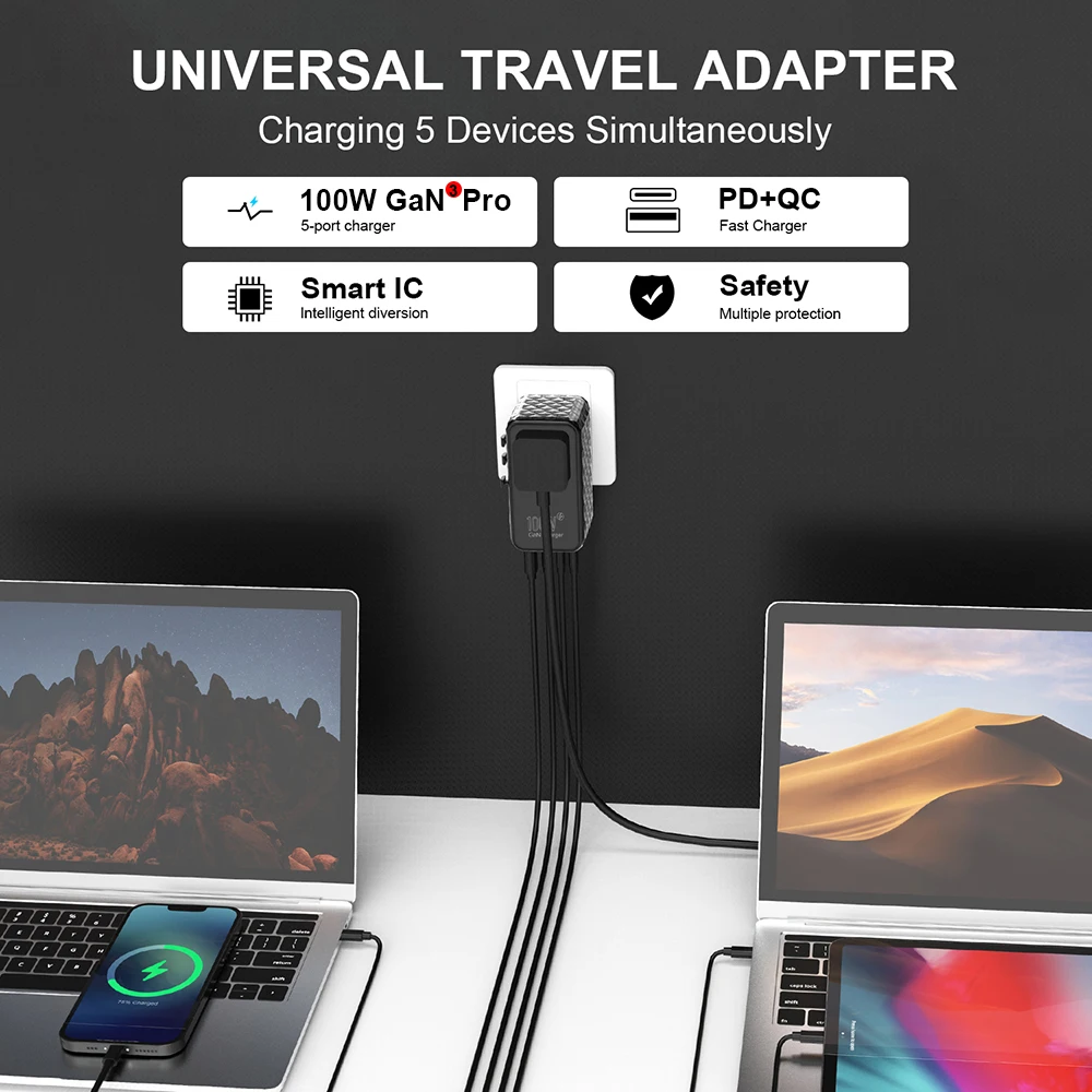 Imagem -02 - Ubigbuy-adaptador de Viagem Universal 100w Gan Rápido Adaptador de Alimentação Internacional 3pd Usb-c Plus 1qc Usb-a Carregador Rápido Eua Reino Unido ue au Plug