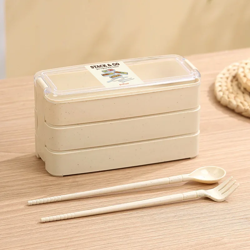 3 Layer Lunch Box Wheat Straw Microwave-Safe Leak-Proof Portable Bento for Kids School Office Food Storage with Cutlery Yunliwei