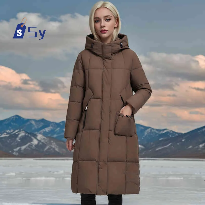 Sy 2024 Winter Women's Long Cotton Jacket Women's Fashion Solid Color Warm Hooded Pike Coat Zipper Loose Casual Snow Coat Long