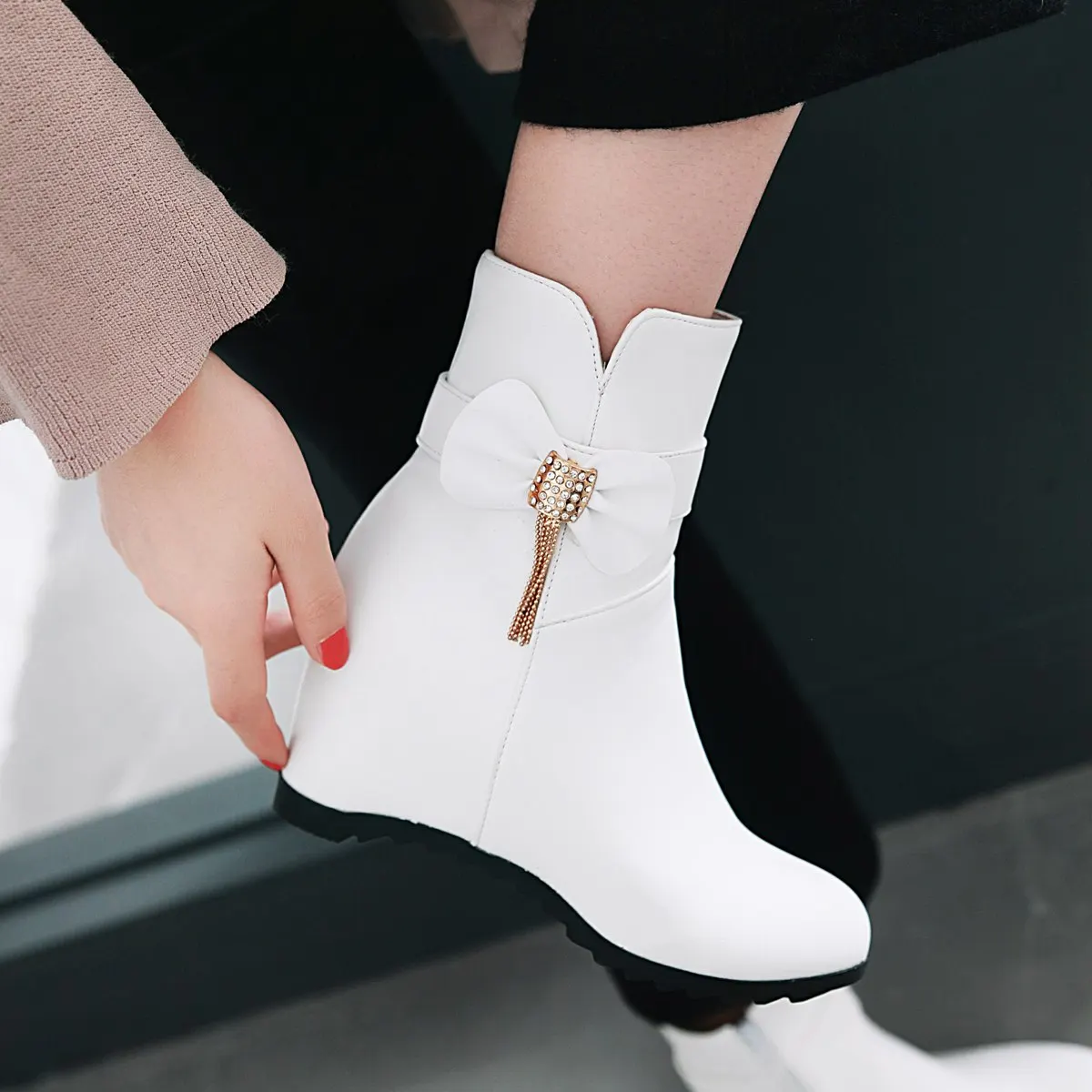 Autumn Wedges Boots Women Fashion PU Women's Ankle Boots High Heel Platform Sexy Black Height Increasing Shoes Woman