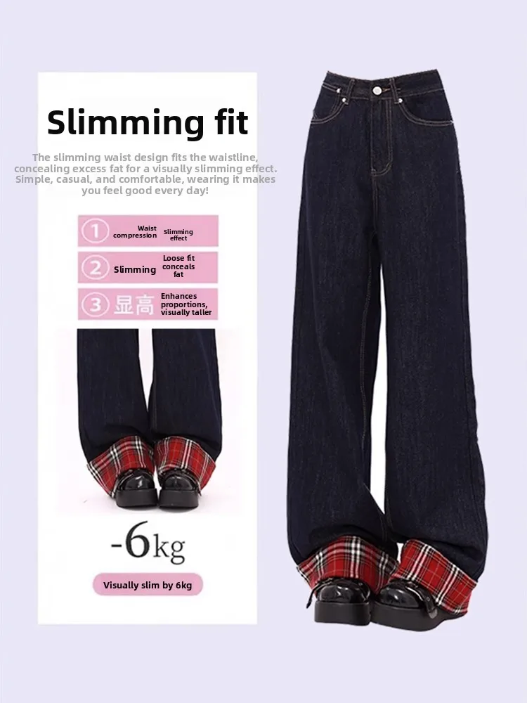 Celana Jeans Wanita Ukuran Besar Motif Kotak-kotak Amerika, Model Kaki Lebar, Longgar, Slim Fit, Lurus, Panjang, Pinggang Tinggi, Warna Gelap, untuk Musim Gugur dan Musim Dingin