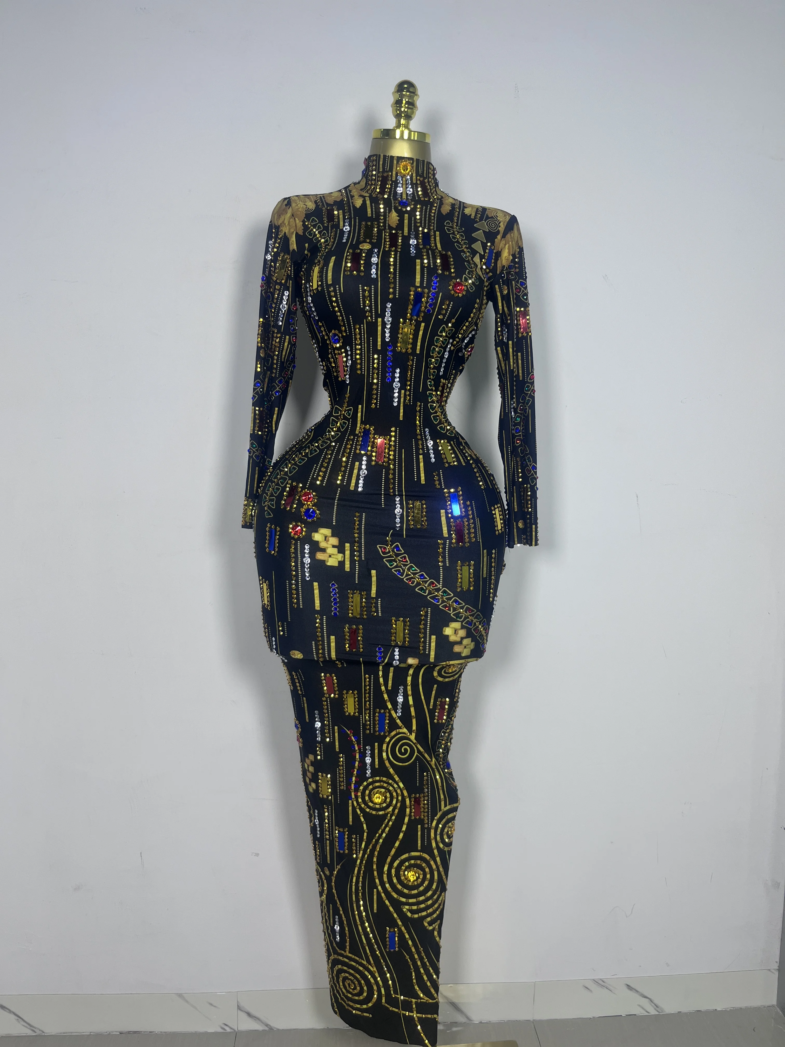 Evening Celebrate Club Festival Long Dress Stage Costume Luxury Sparkly Colorful Diamond Long Sleeves Birthday Party Dress